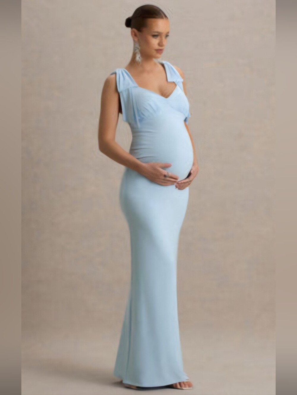 Powder Blue Maternity Sweetheart Bow Strap Midi Dress